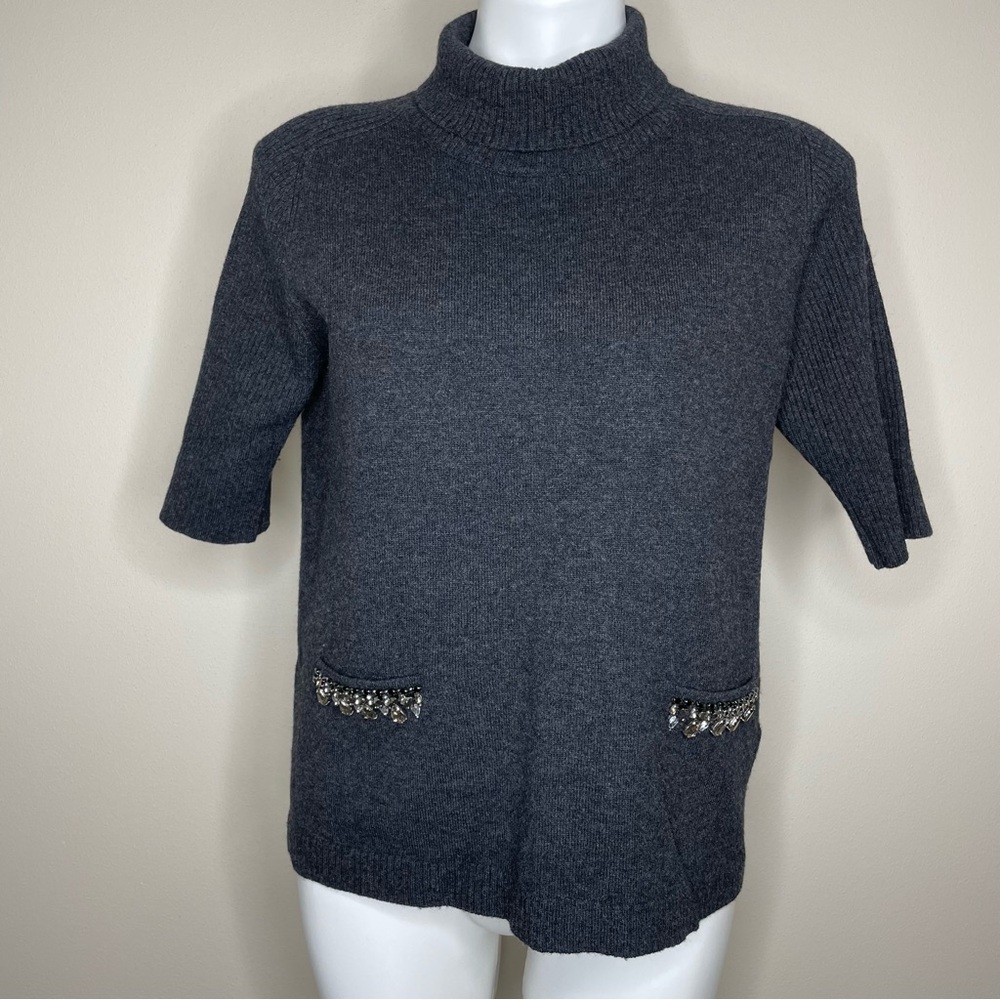 Laurèl Elegant Cashmere Gray Ribbed Turtleneck Sweater with Embellishments